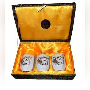 Yi Lin Arts Treasures of China Silk Box and 3 Teacups. Teacups Just Under 3”